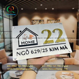 BIỂN SỐ NHÀ. Nền Inox 304 xước bạc, Nội dung inox gương vàng + mica đen